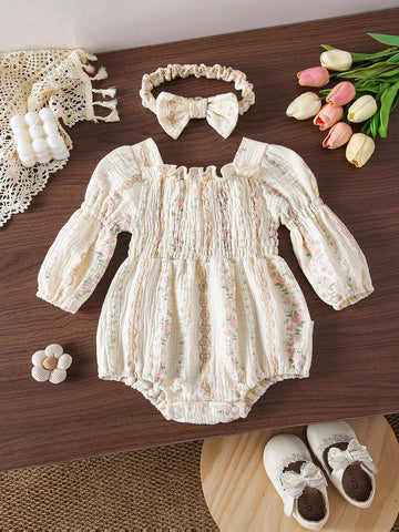 2 Pc Baby Girl Floral Smocked Romper & Bow Headband Set