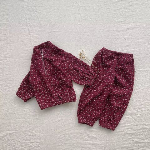 2 Pc Unisex Kids Floral Print Zip Up Waffle Set