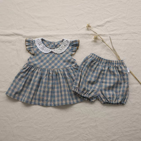 3 Pc Baby Girl Plaid Dress, Bloomers & Bonnet Set