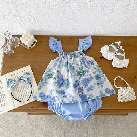 Girls Blue Floral Onesie or 3 Pc Shorts Set