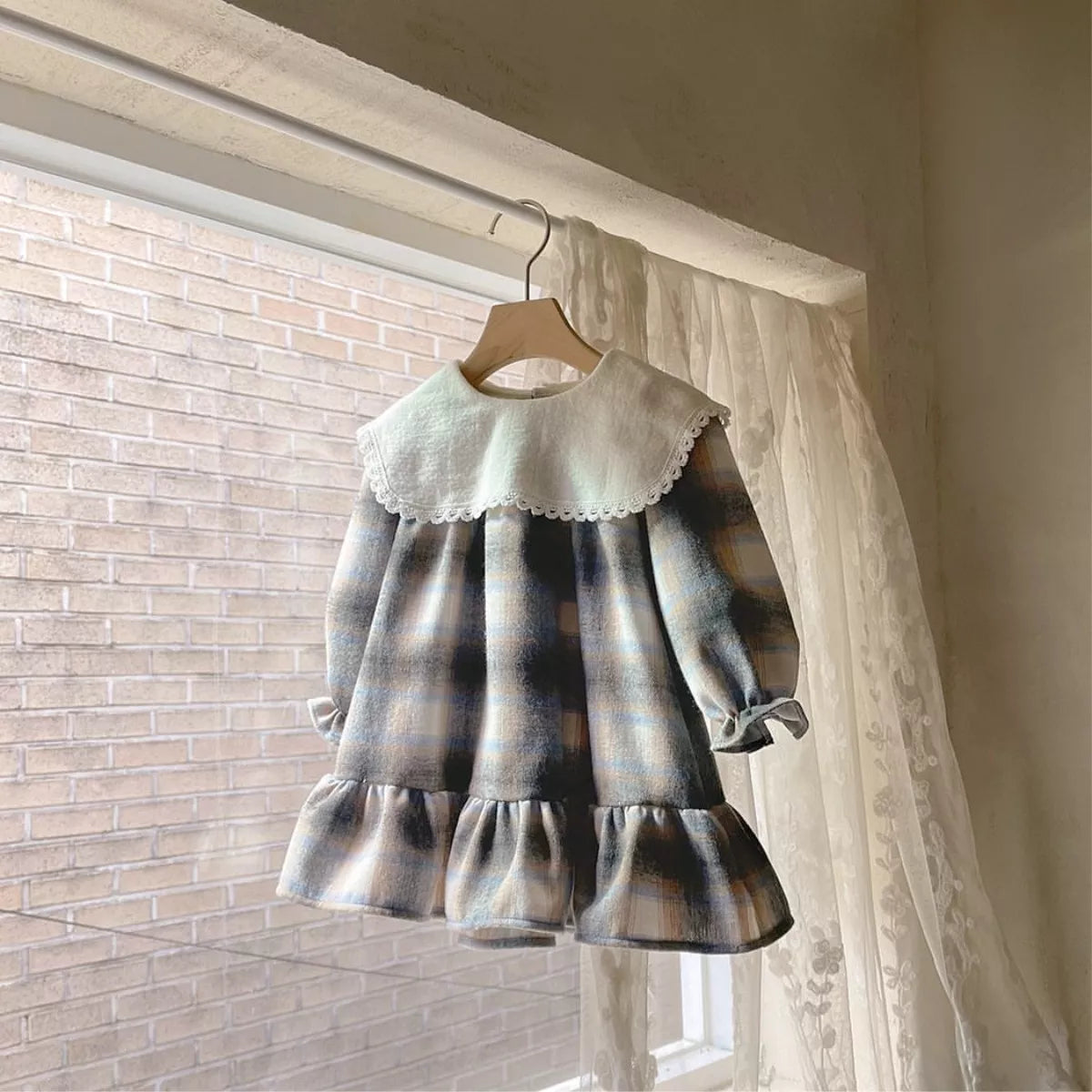 Baby Girls Plaid Ruffle Hem Collar Dress