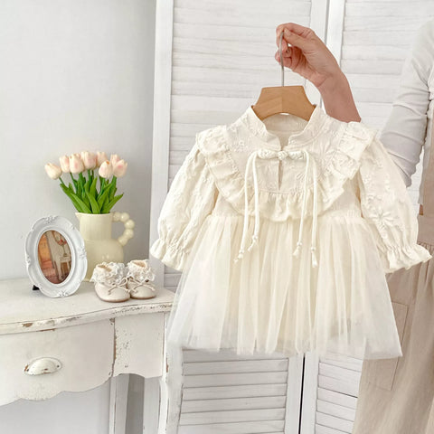 Baby Girl Tulle Long Sleeve Frog Button Dress