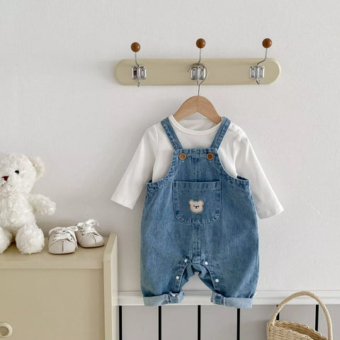 2 Pc Baby Denim Bear Overall w/ Long Sleeve Shirt