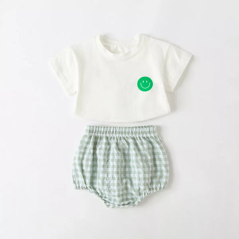 2 Pc Baby Girl Gingham Bloomer w/ Happy Face Tee