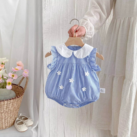 Baby Girl Daisy Cotton Stripe Peter Pan Collar Bodysuit