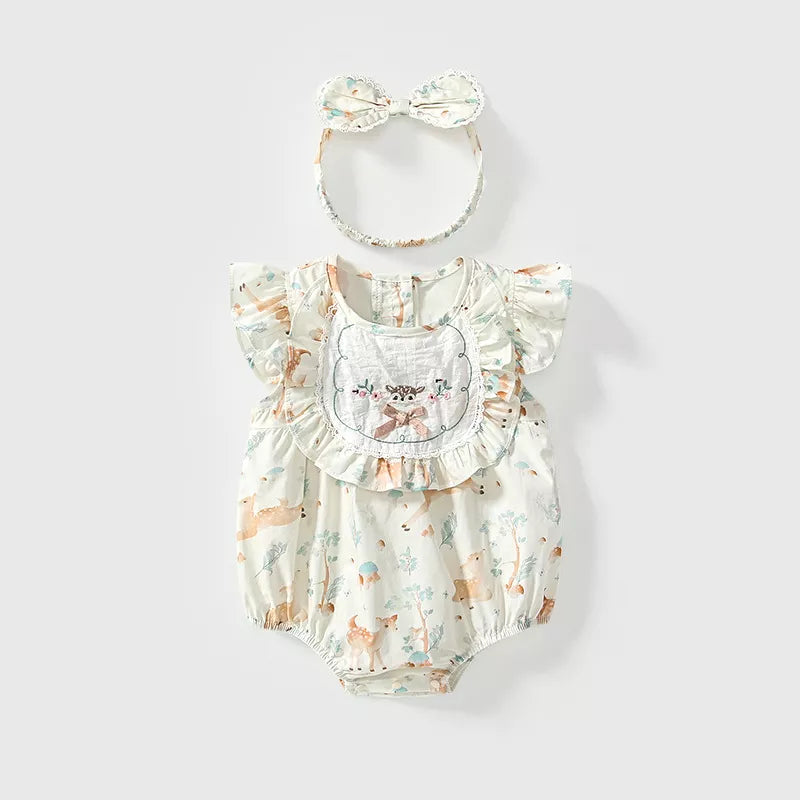 2 Pc Baby Deer Print Bibbed Bodysuit