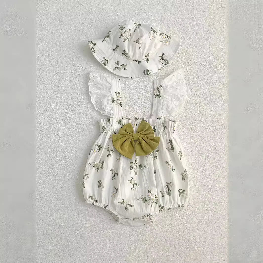 2 Pc Baby Girl Leaf Print Bodysuit with Hat