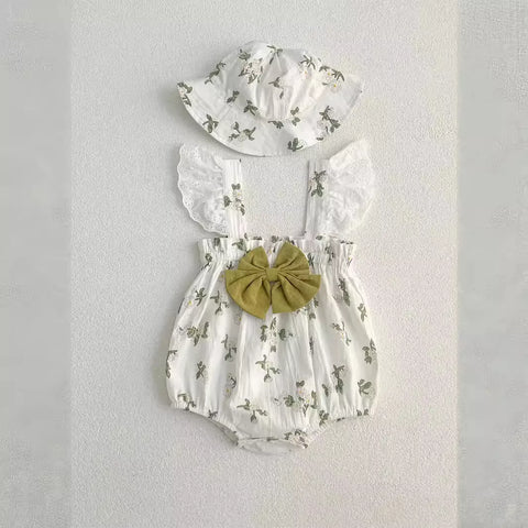 2 Pc Baby Girl Leaf Print Bodysuit with Hat