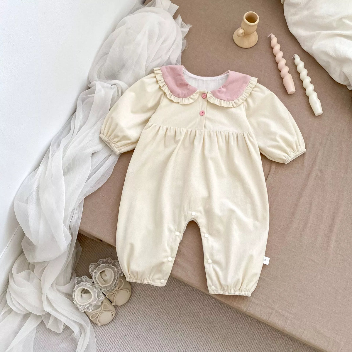 Baby Girl Corduroy Bunny Ears Collar Romper