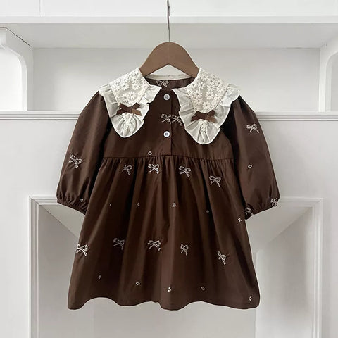 Girls Mini Bow Detail Peter Pan Collar Dress/Bodysuit