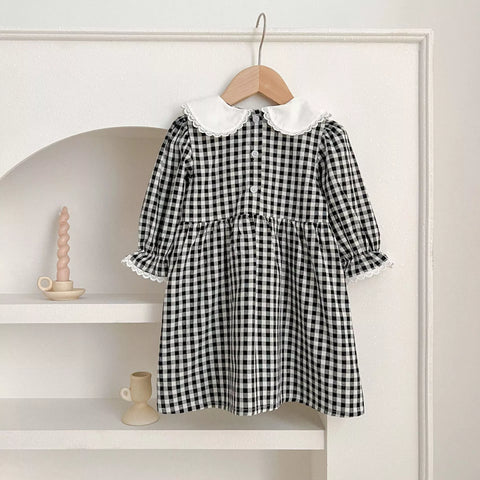 Girls Long Sleeve Gingham Collar Dress/ Bodysuit