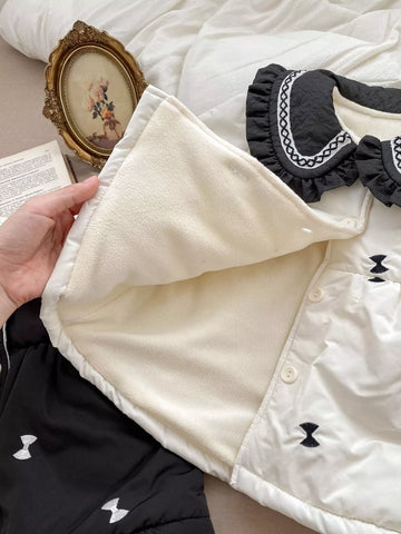Girl Contrast Collar Bow Puff Coat