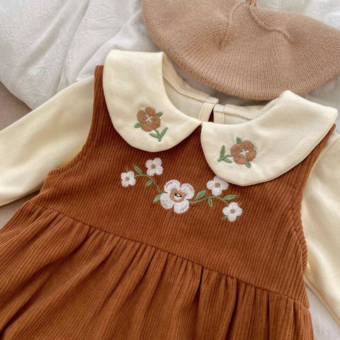 2 Pc Baby Girl Spring Flower Corduroy Overall Bodysuit