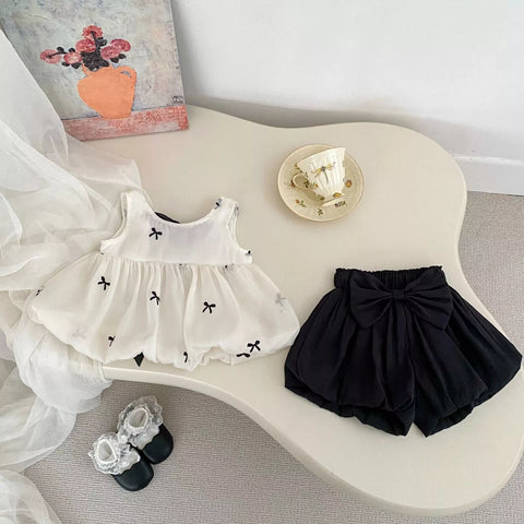 2 Pc Girls Bow Bubble Shirt and Shorts Set