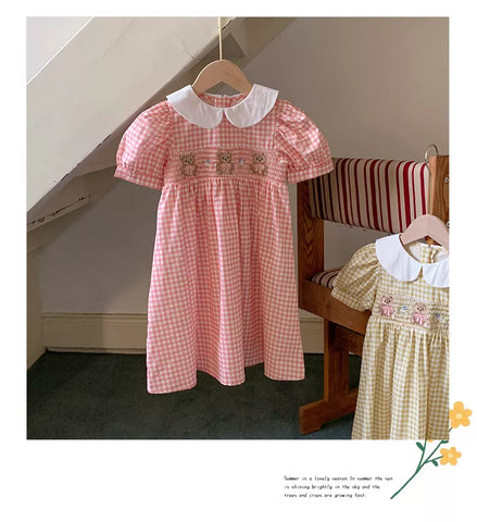 Girls Gingham Smocked Bodice Bear Collar Dress