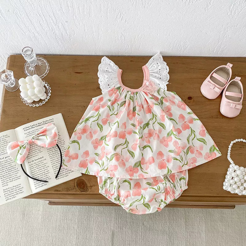 2 Pc Girls Tropical Floral Print Dress/Bodysuit with Headband