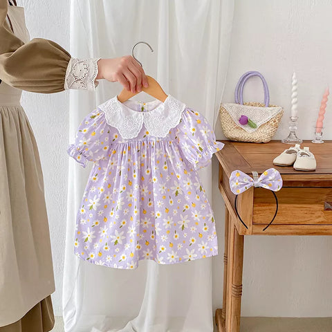 2 Pc Girls Bubble Sleeve Daisy Print Bodysuit/Dress