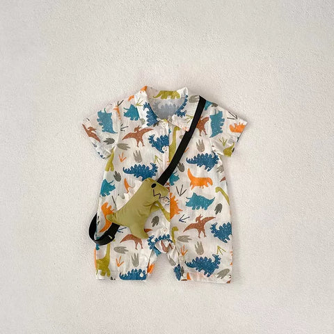2 Pc Baby Boy Dinosaur Faux Bag Romper