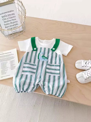 2 pc Baby Boy Stripe Dinosaur Overalls & Tee Set