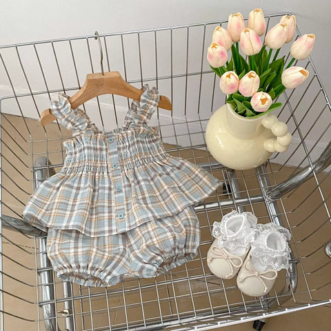 2 Pc Baby Girl Plaid Smock Cami & Shorts Set