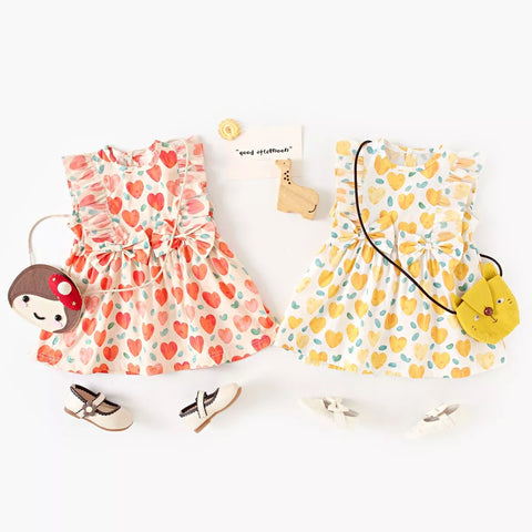 Girls Ruffle Heart Print Cotton Dress