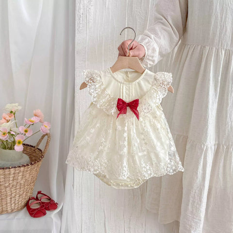 Baby Girl Romantic Lace Sheer Red Bow Dress