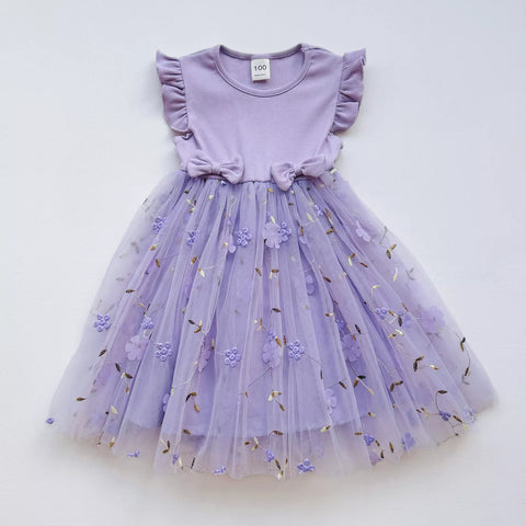 Girls Mesh Skirt Flower Ruffle Sleeve Dress
