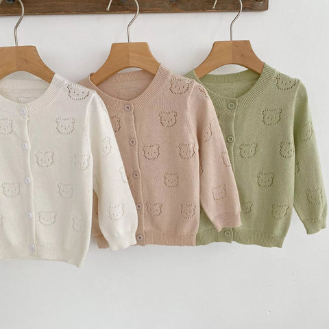 Baby Girl Pointelle Bear Thin Cardigan