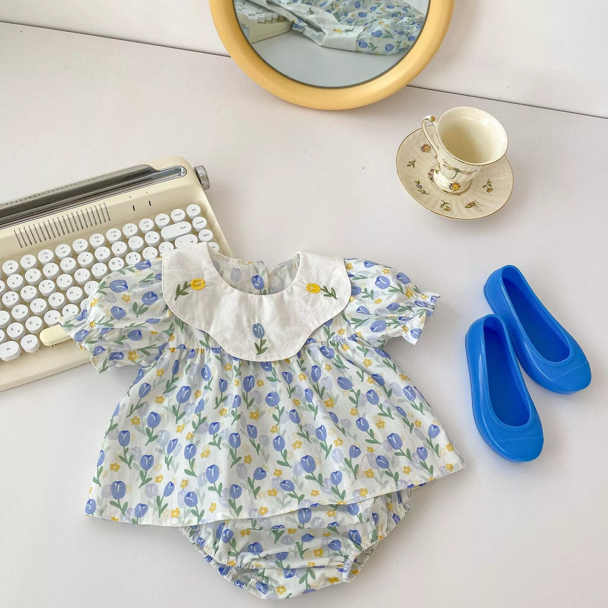 2 Pc Baby Girl Spring Tulip Collar Shirt & Shorts Set