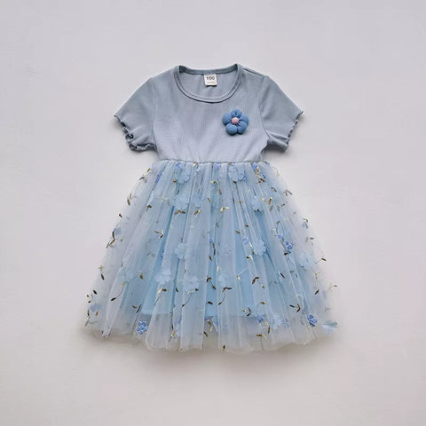 Girls Mesh Skirt Flower Tee Shirt Dress