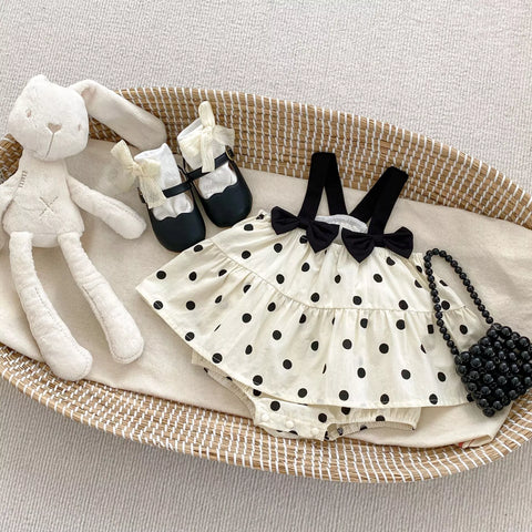 Baby Girl Contras Bow Straps Polka Dot Dress