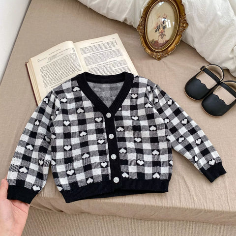 2 Pc Baby Girl Hearts Blocks Knit Cardigan & Bodysuit Set