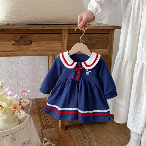 Baby Girls Bunny Ear Collar Color Block Ribbon Dress
