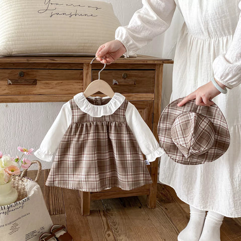 2 Pc Baby Girl Long Sleeve Plaid Dress with Hat