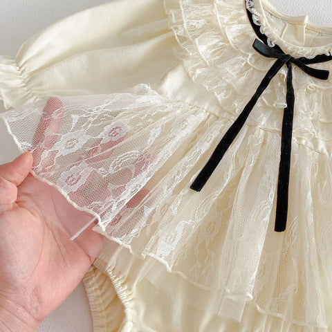 Baby Girl Romantic Lace Contrast Ribbon Bow Tie Dress