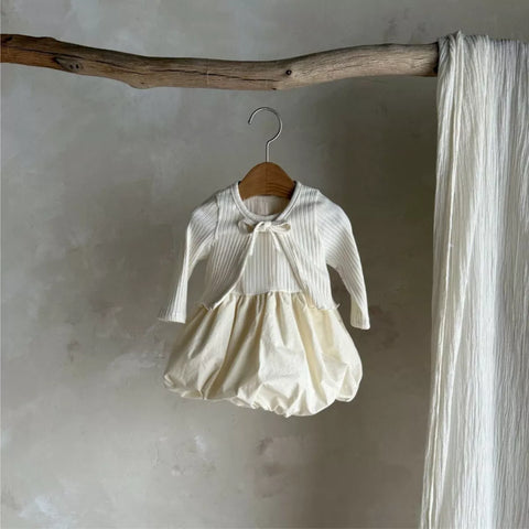 2 Pc Baby Girl Ribbed Cardigan & Bubble Hem Dress