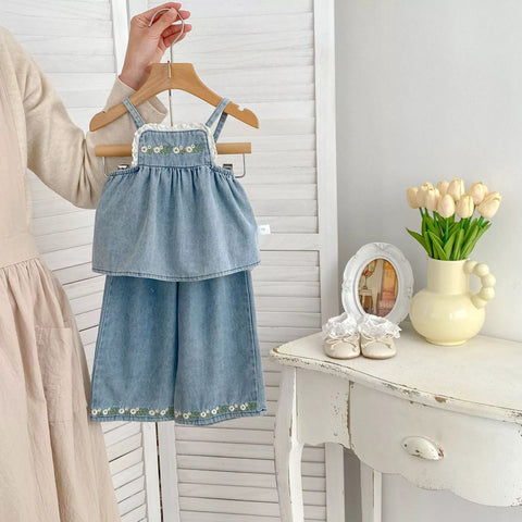 2 Pc Flower Embroidery Denim Top & Wide Leg Set