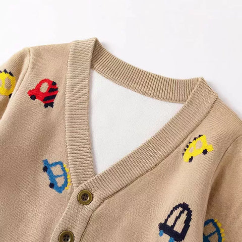 Boys Cars Print Button Up Cardigan Sweater
