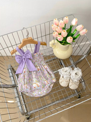 Baby Girl Spring Print Smocked Bow Bodysuit