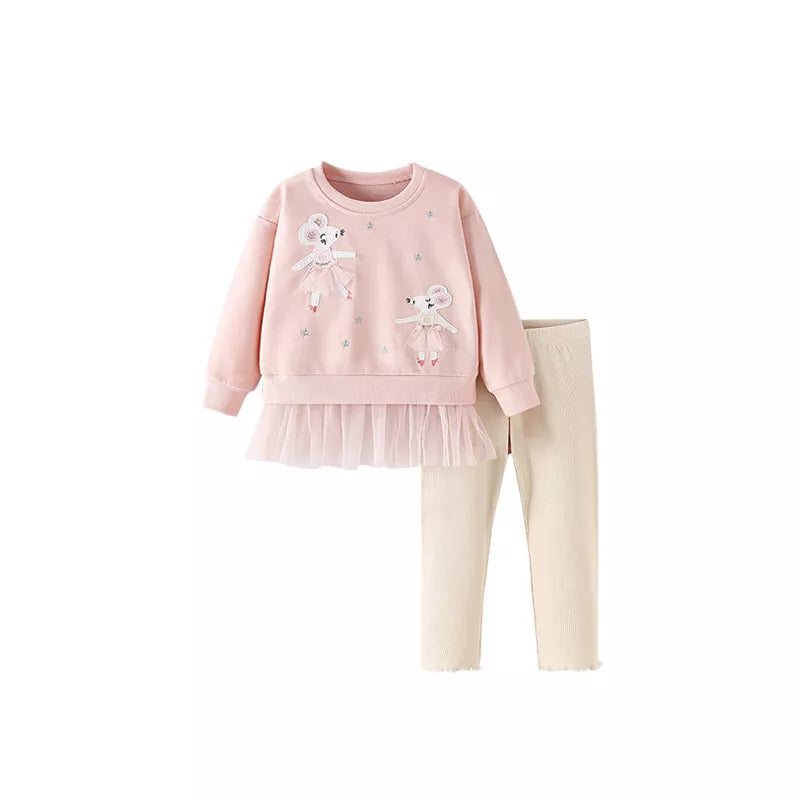 Girls Ballerina Mouse Tulle Hem Sweater w/ Leggings