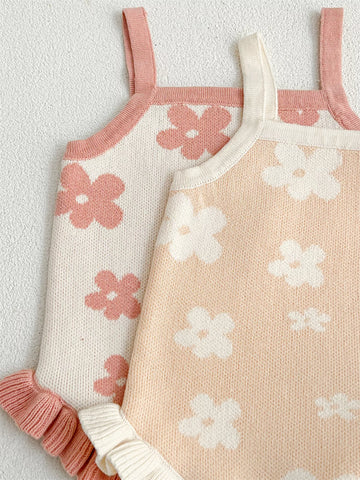 Baby Girl Flower Print Knit Ruffle Hem Bodysuit