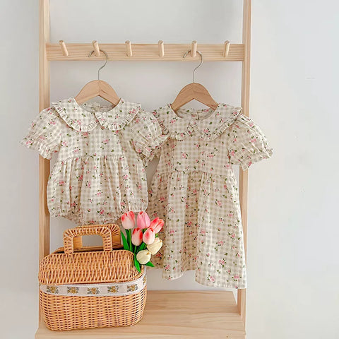 Girls Floral Peter Pan Flower Gingham Bodysuit Dress