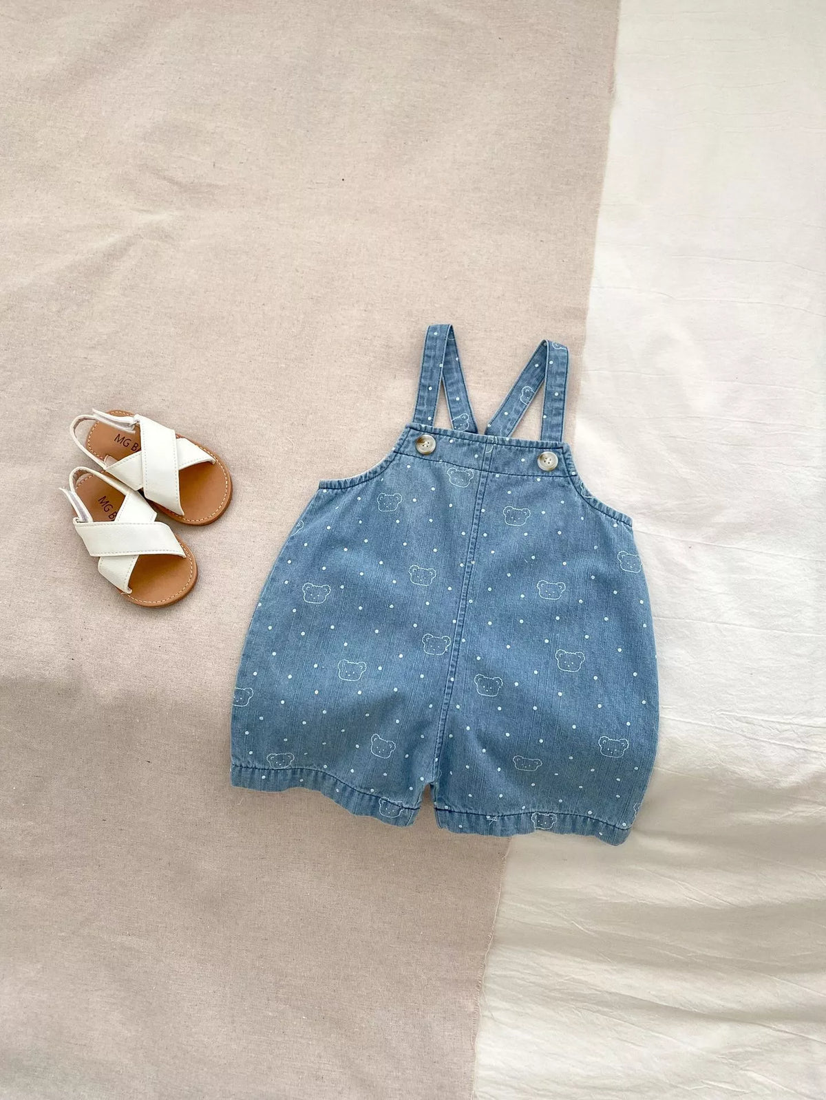 Unisex Bear Polka Dot Denim Shorts Overalls