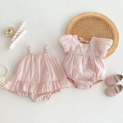 Baby Girl Bubble Sleeve Embroidered Fabric Bodysuit