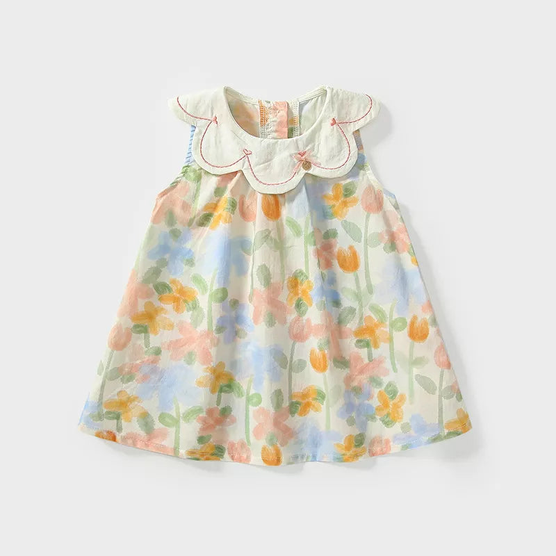 Girls Scallop Collar Watercolor Floral Dress