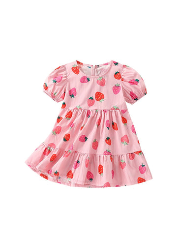 Girls Strawberry Print Tiered Dress