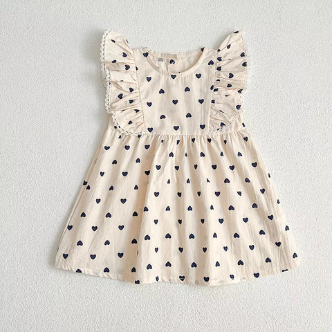 Girls Heart Print Cotton Ruffle Bodysuit Dress