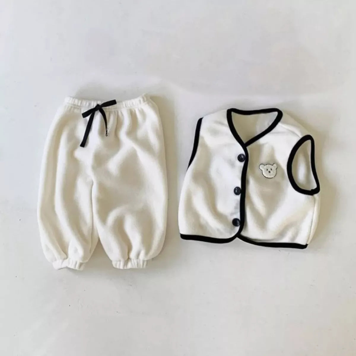 2 Pc Baby Boy Contrast Binding Vest & Pants Fleece Set