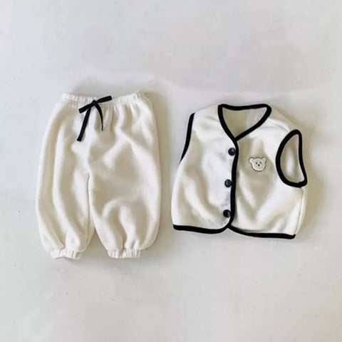 2 Pc Baby Boy Contrast Binding Vest & Pants Fleece Set
