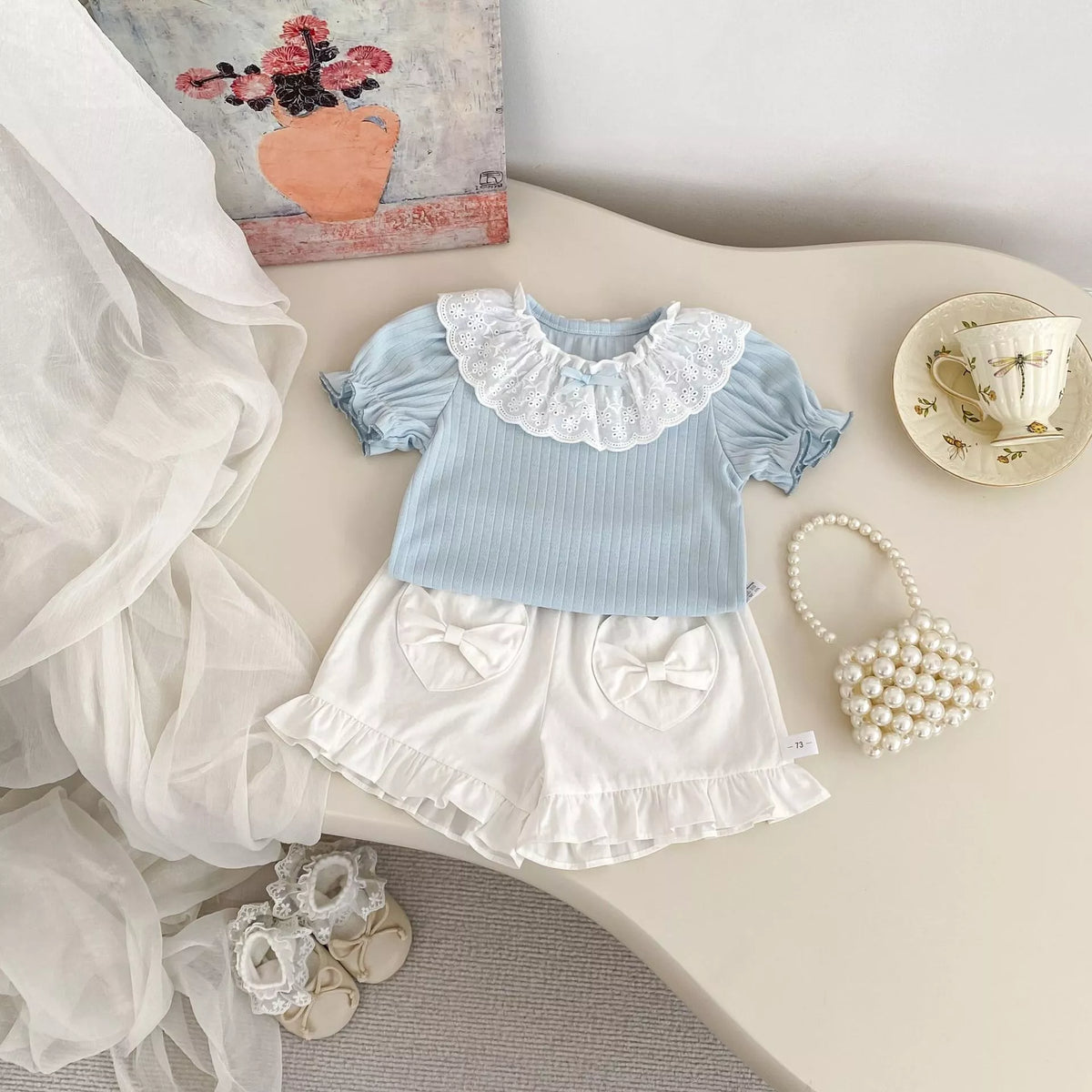 2 Pc Baby Girl Ribbed Tee & Hearts Pocket Shorts